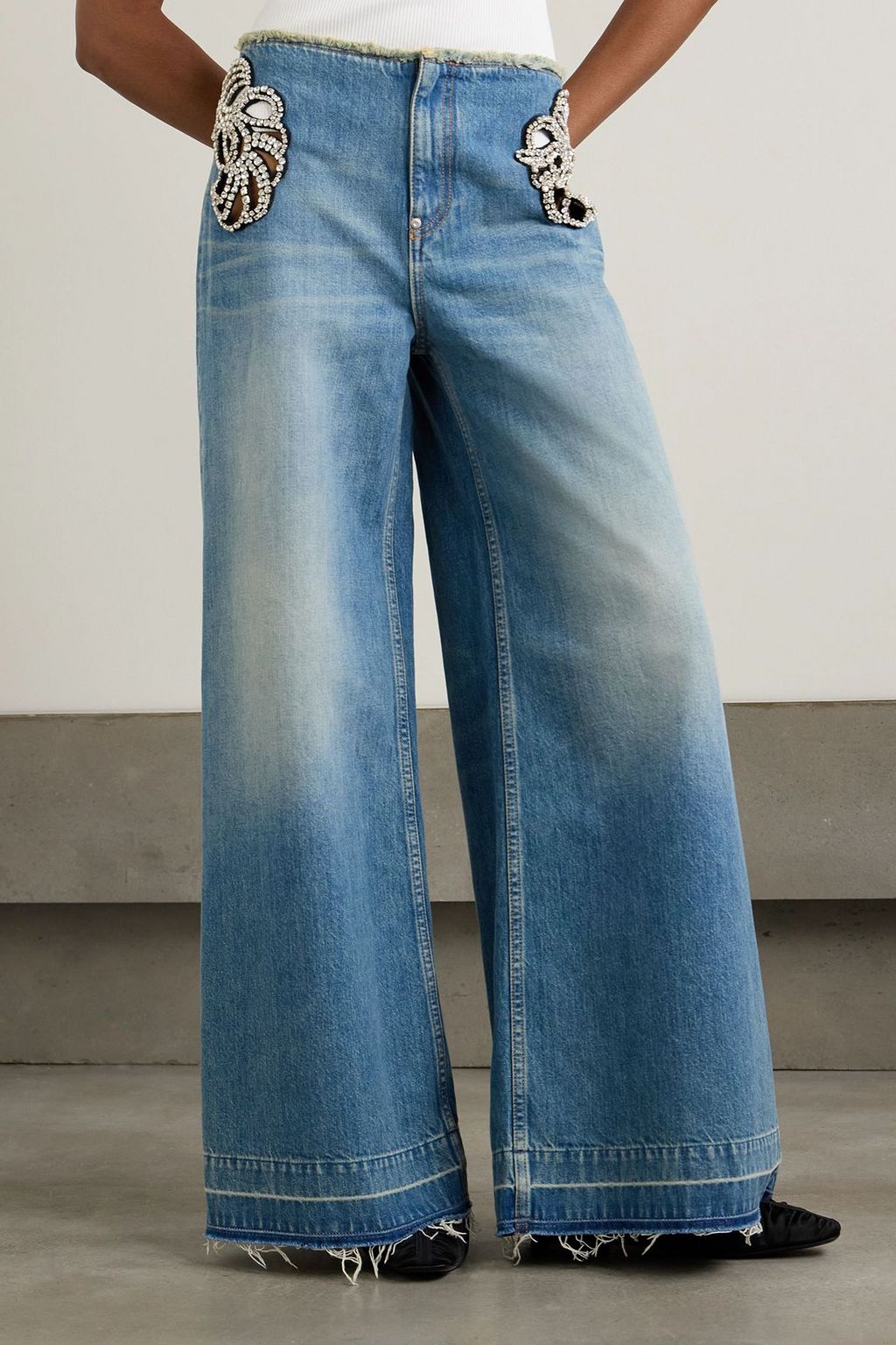 STELLA MCCARTNEY Cutout crystal-embellished frayed mid-rise wide-leg jeans