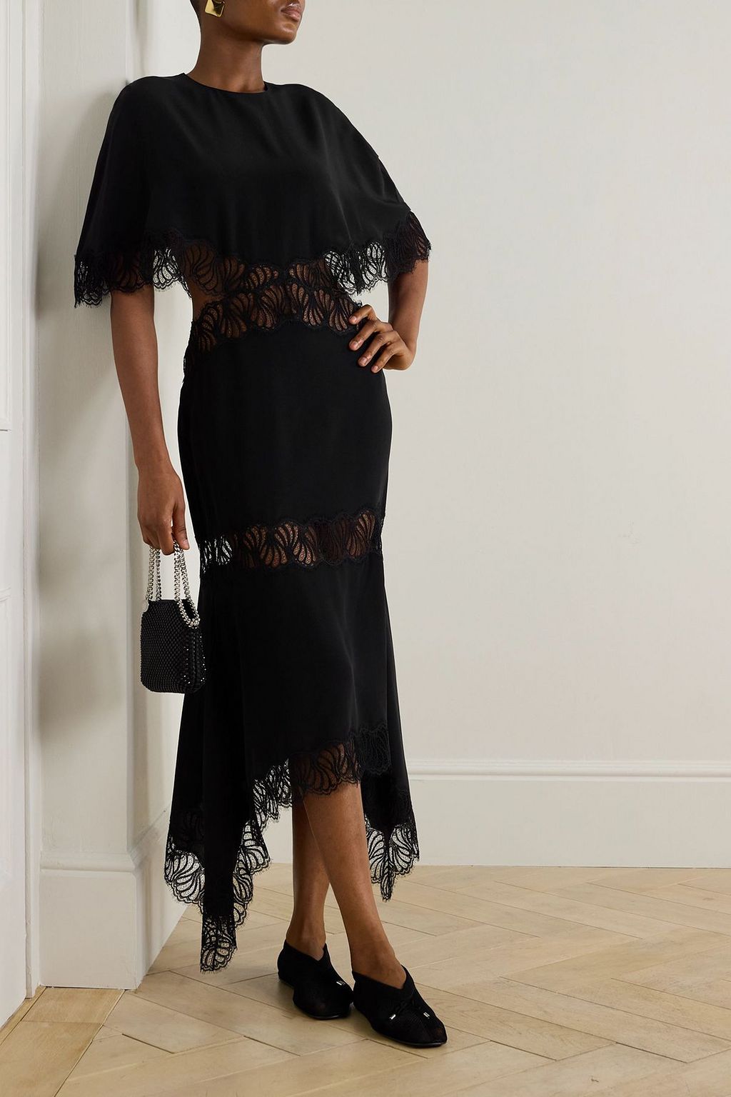 STELLA MCCARTNEY Asymmetric cutout lace-trimmed silk-satin midi dress