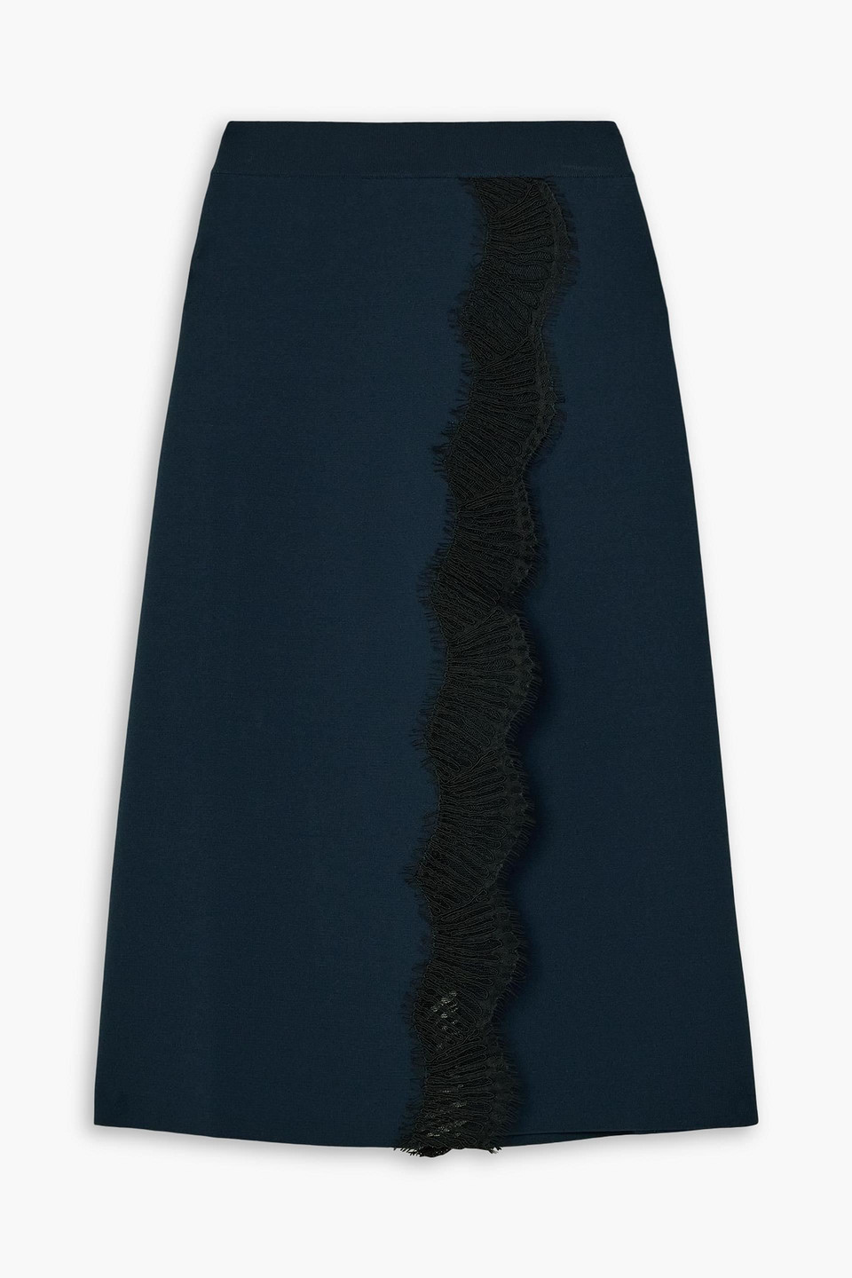 Stella Mccartney Wrap-effect Lace-trimmed Jersey Midi Skirt In Blue