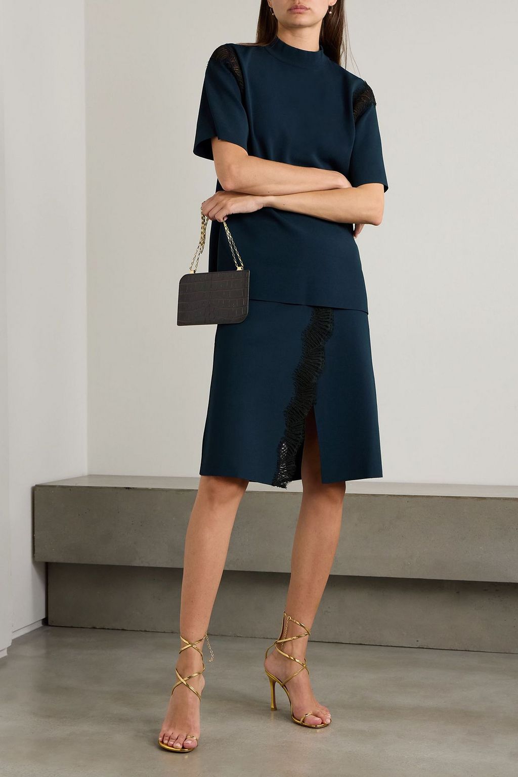 STELLA MCCARTNEY Wrap-effect lace-trimmed jersey midi skirt