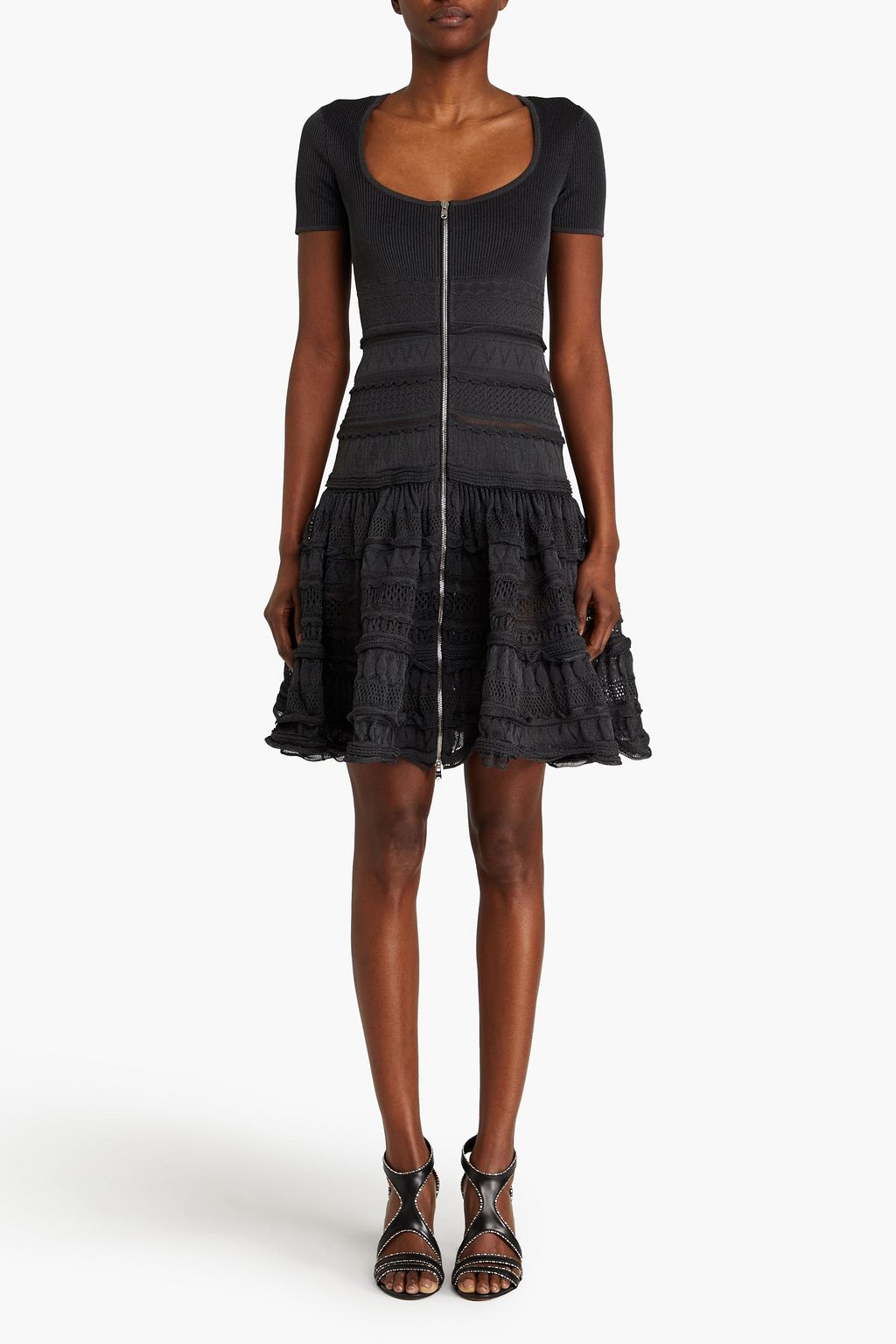 ALAÏA リブ編み&透かし編みニット ミニワンピース ティアード