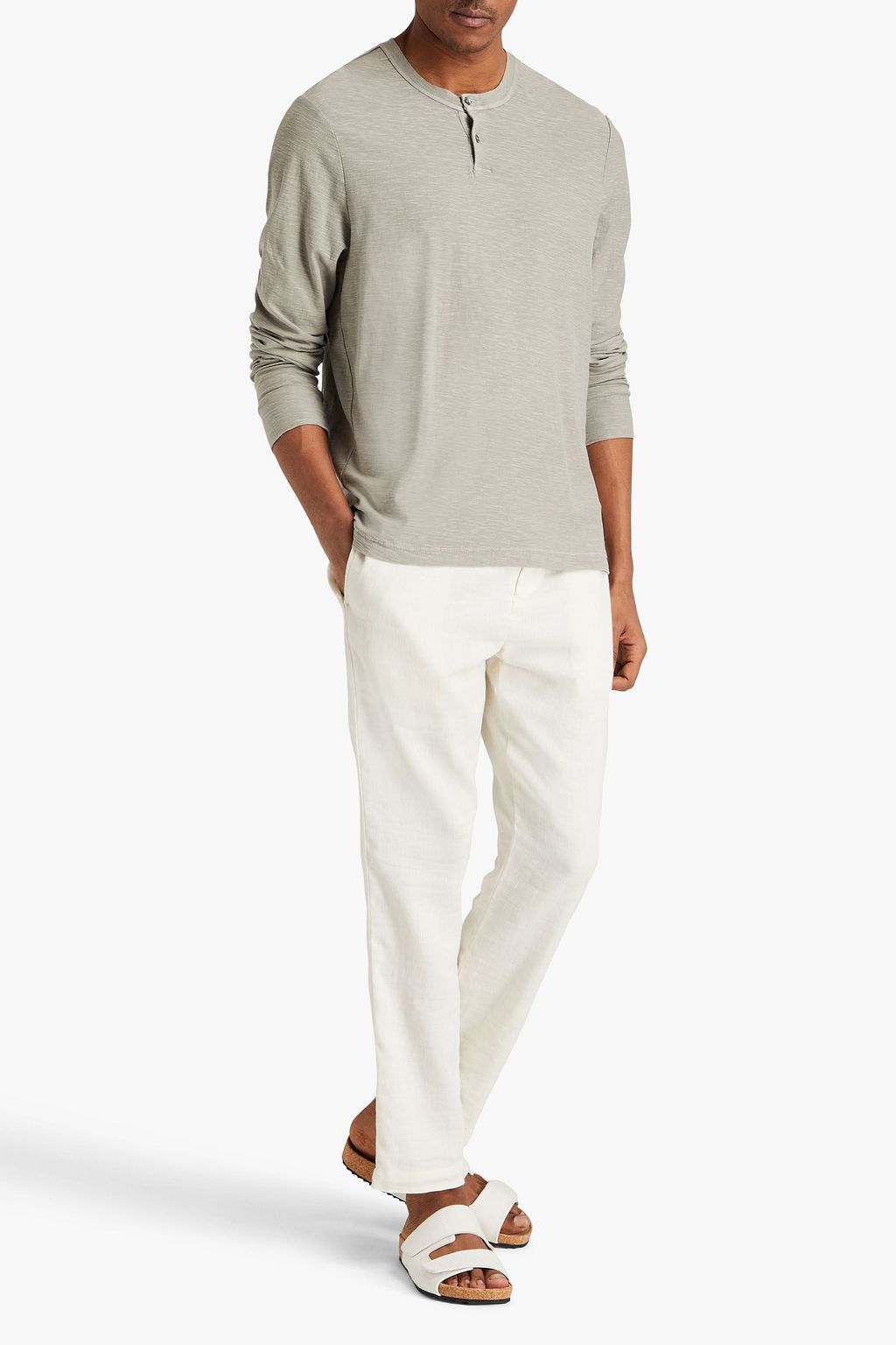 JAMES PERSE T-Shirt aus Baumwoll-Jersey mit Henley-Kragen und Flammgarneffekt