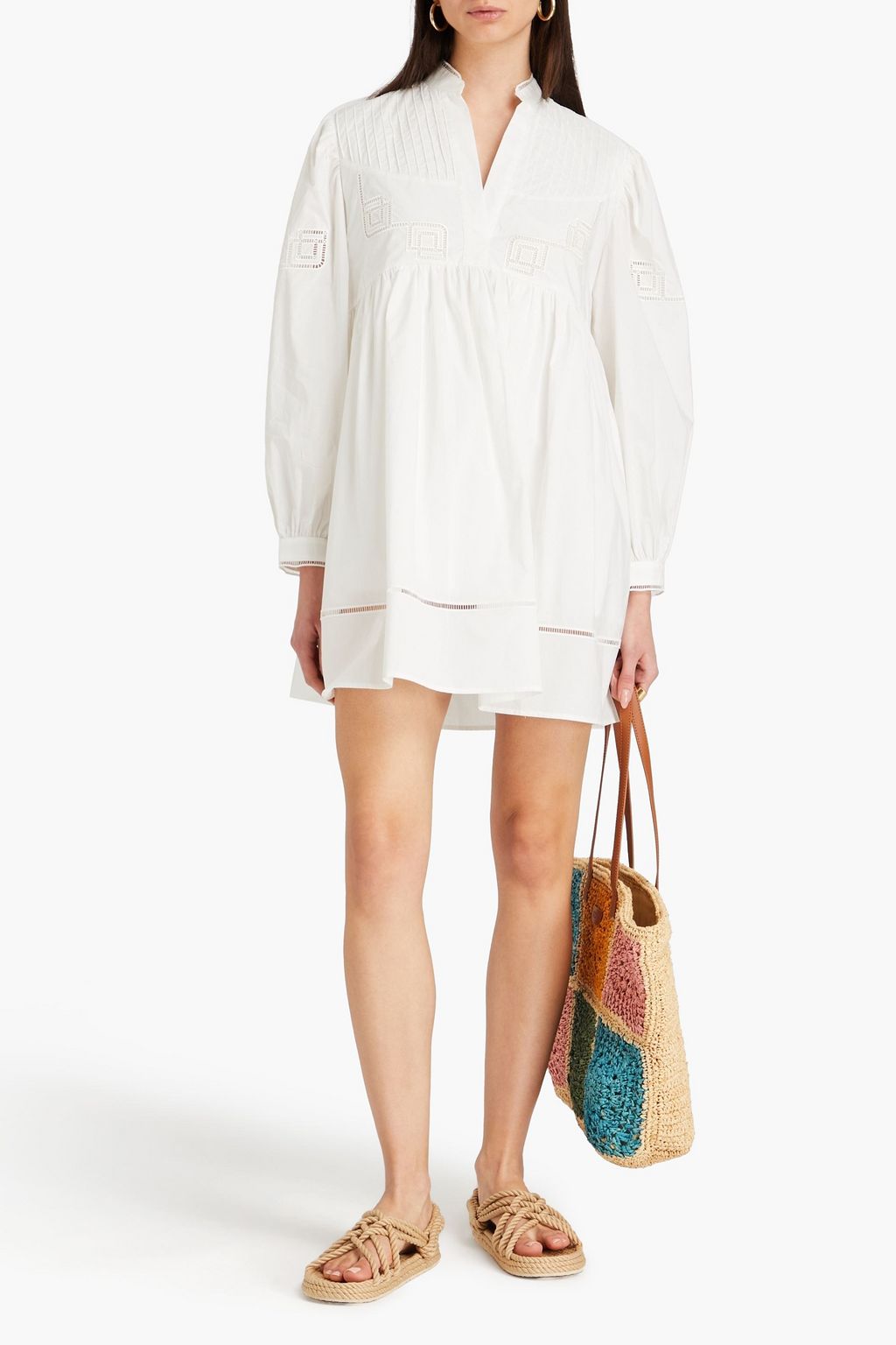 CLAUDIE PIERLOT فستان قصير من البوبلين القطني مزين بحواف ذات تصميم شبكي