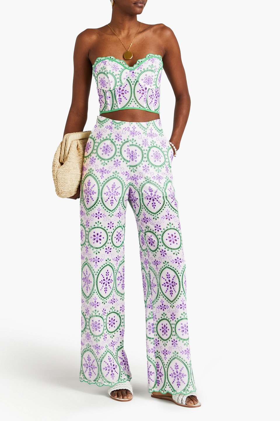 Shop Charo Ruiz Brigid Broderie Anglaise Cotton-blend Wide-leg Pants In Weiss