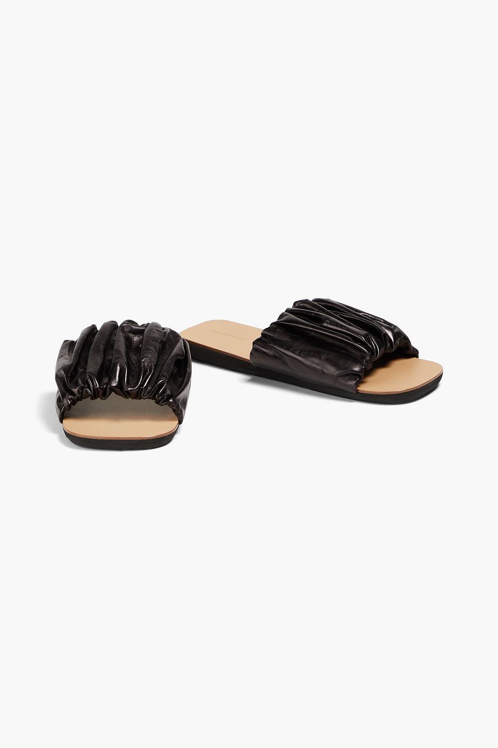 JIL SANDER 개더 장식 메탈릭 가죽 슬라이드 샌들
