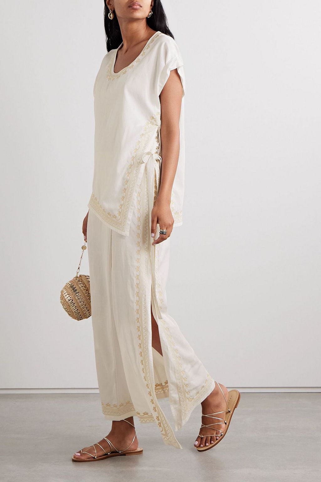 RABANNE Embroidered layered twill midi dress | THE OUTNET