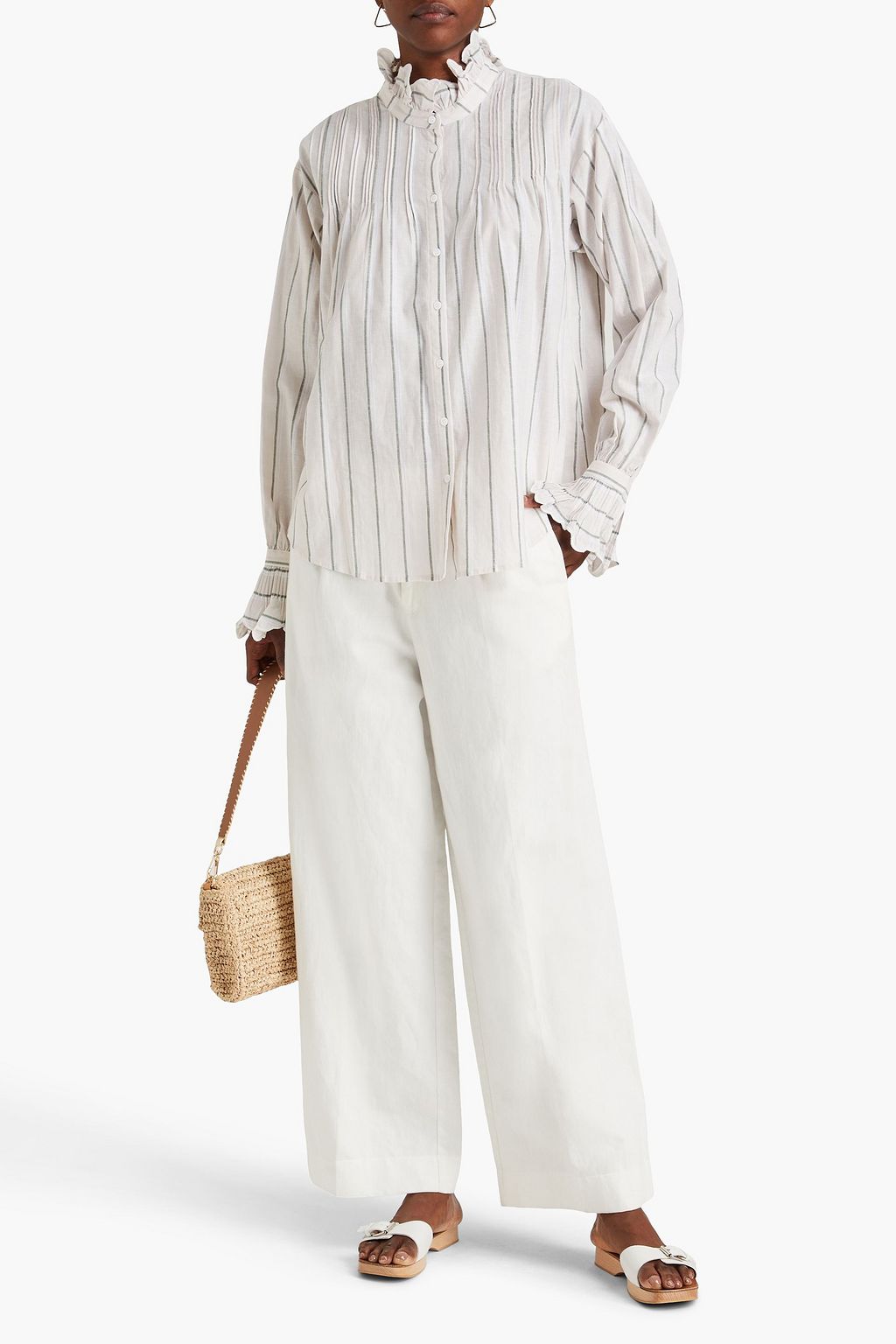 CLAUDIE PIERLOT Ruffled striped  cotton and linen-blend shirt