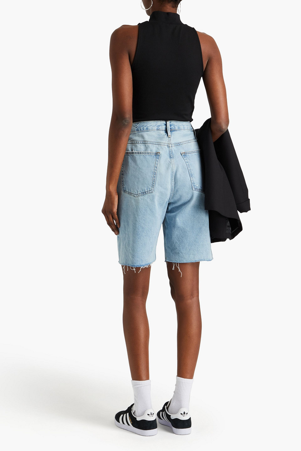 Shop Frame Frayed Denim Shorts In Light Denim