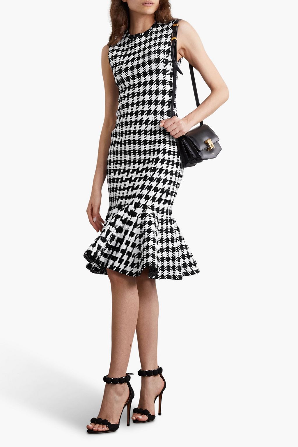 ALAÏA Ruffled houndstooth crepe dress