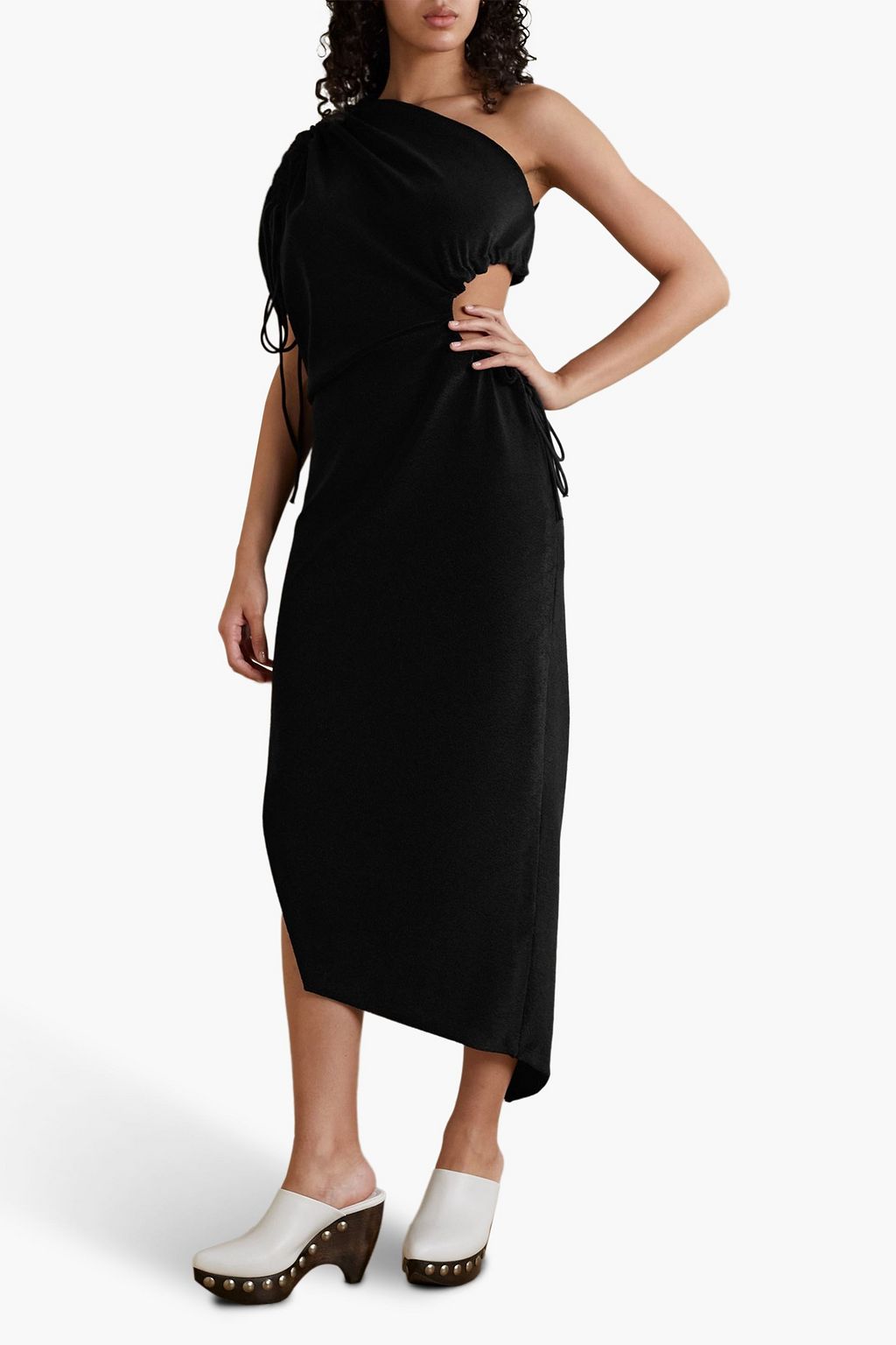 ALAÏA One-shoulder cutout draped neoprene midi dress