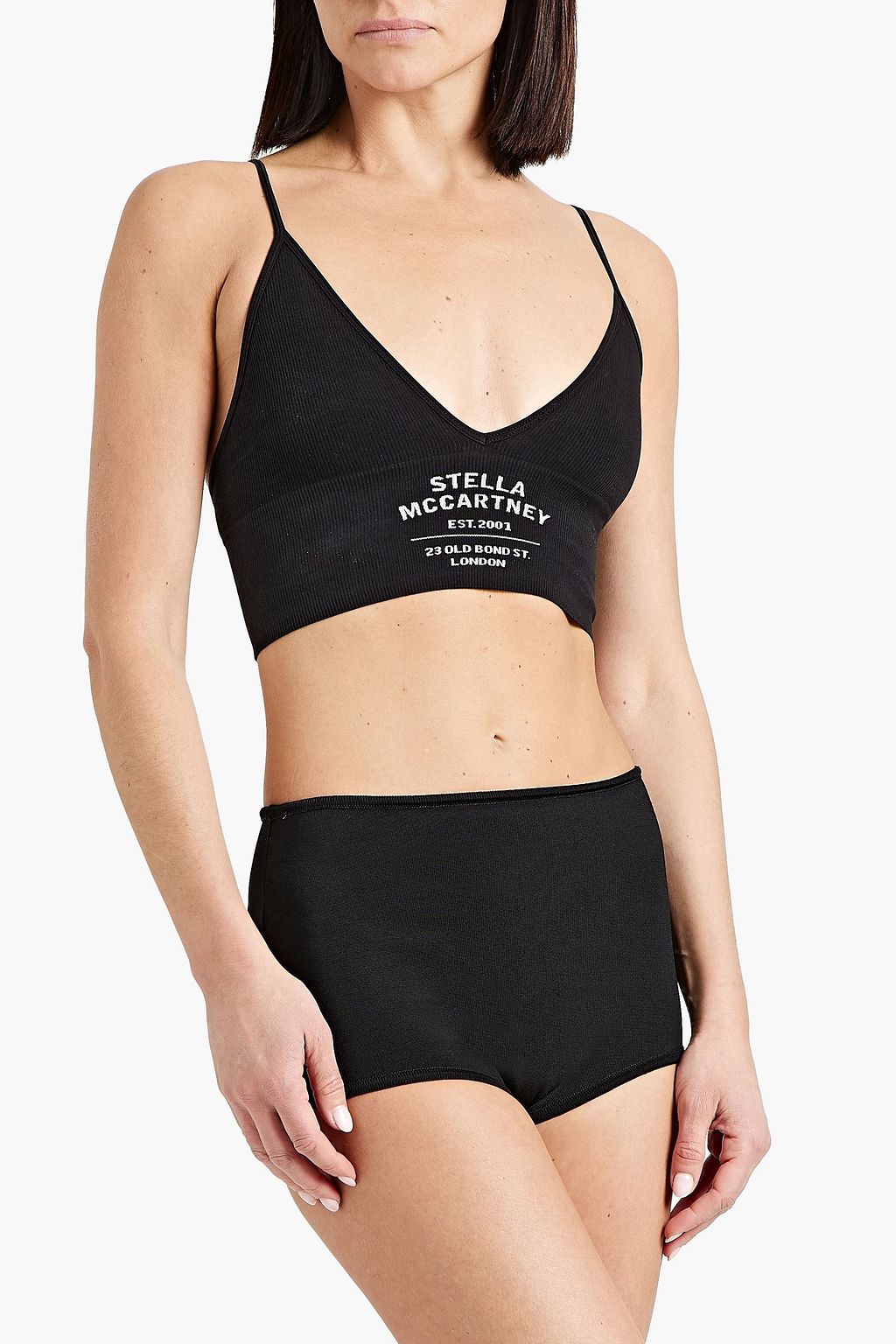 STELLA MCCARTNEY Printed ribbed jersey cotton-blend sports bra