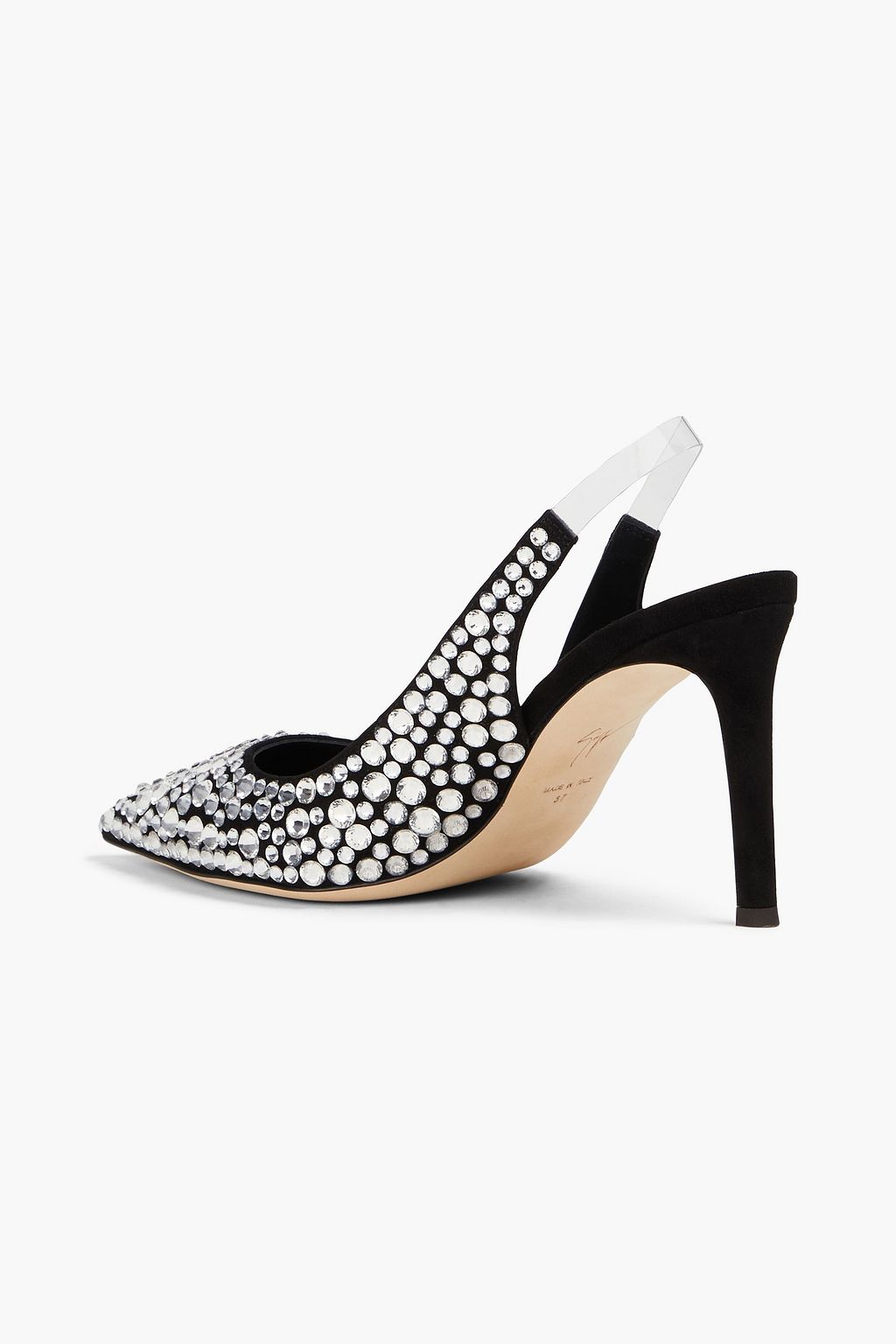 GIUSEPPE ZANOTTI حذاء بامب بحزام خلفي مصنوع من مادة PVC وجلد السويد ومزين بالكريستال