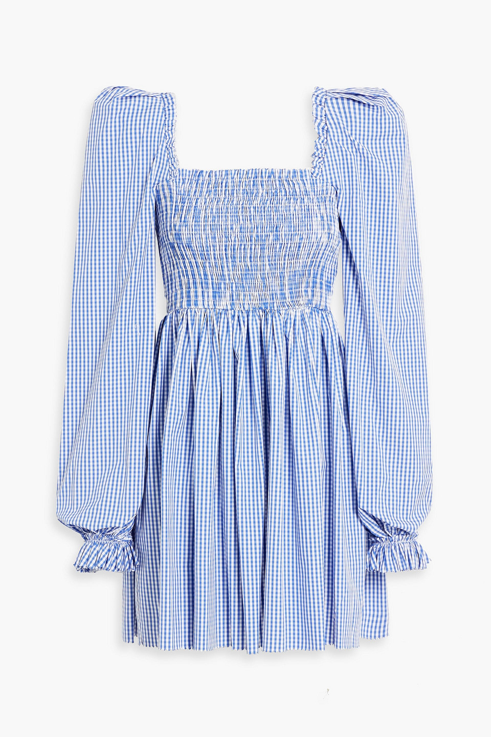 The Vampire's Wife Shirred Gingham Cotton Mini Dress In Blue