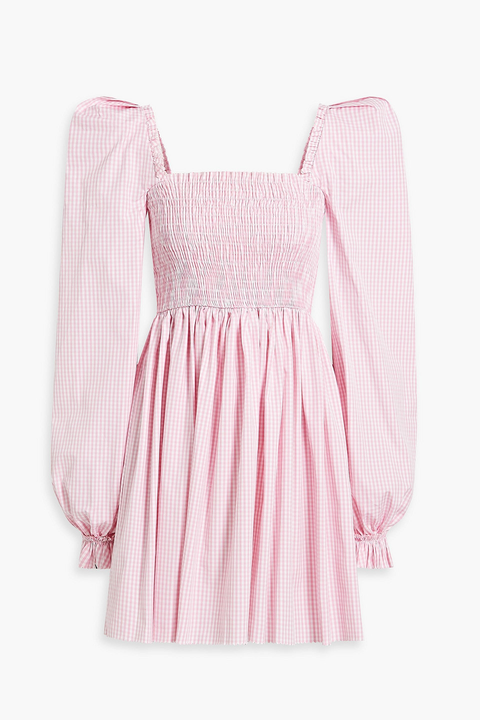 The Vampire's Wife Shirred Gingham Cotton Mini Dress In Baby Pink