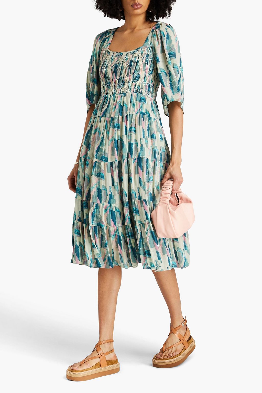 BA&SH Shirred printed cotton-blend midi dress