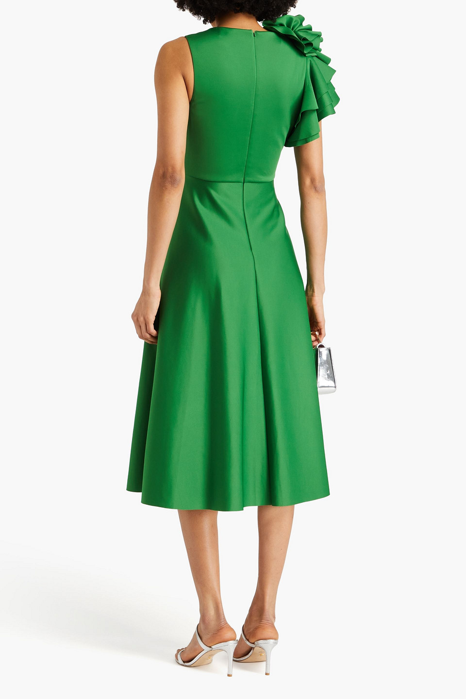 Shop Badgley Mischka Ruffled Scuba Midi Dress In Green