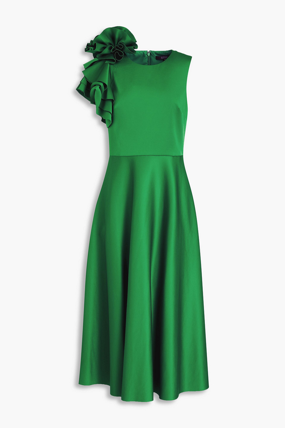 Shop Badgley Mischka Ruffled Scuba Midi Dress In Green