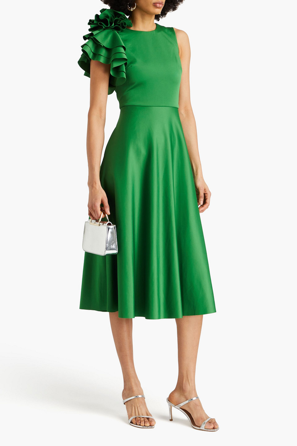 Shop Badgley Mischka Ruffled Scuba Midi Dress In Green