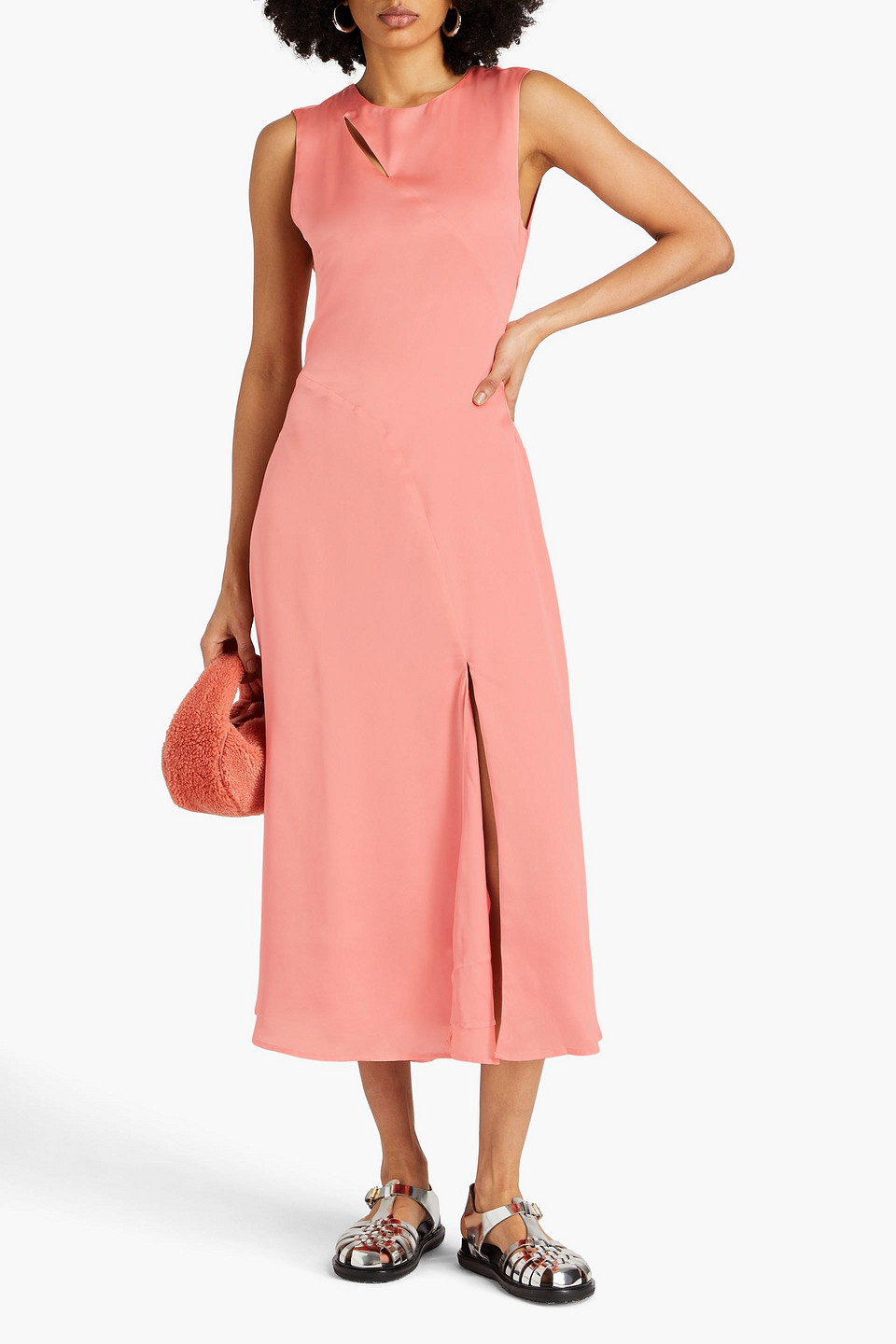 Shop Holzweiler Cutout Silk-satin Midi Dress In Antique Rose