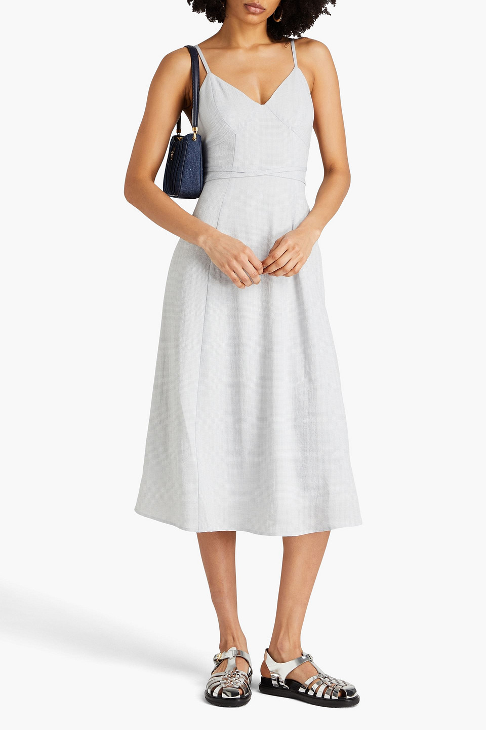 Shop Holzweiler Gingham Woven Midi Dress In Light Gray