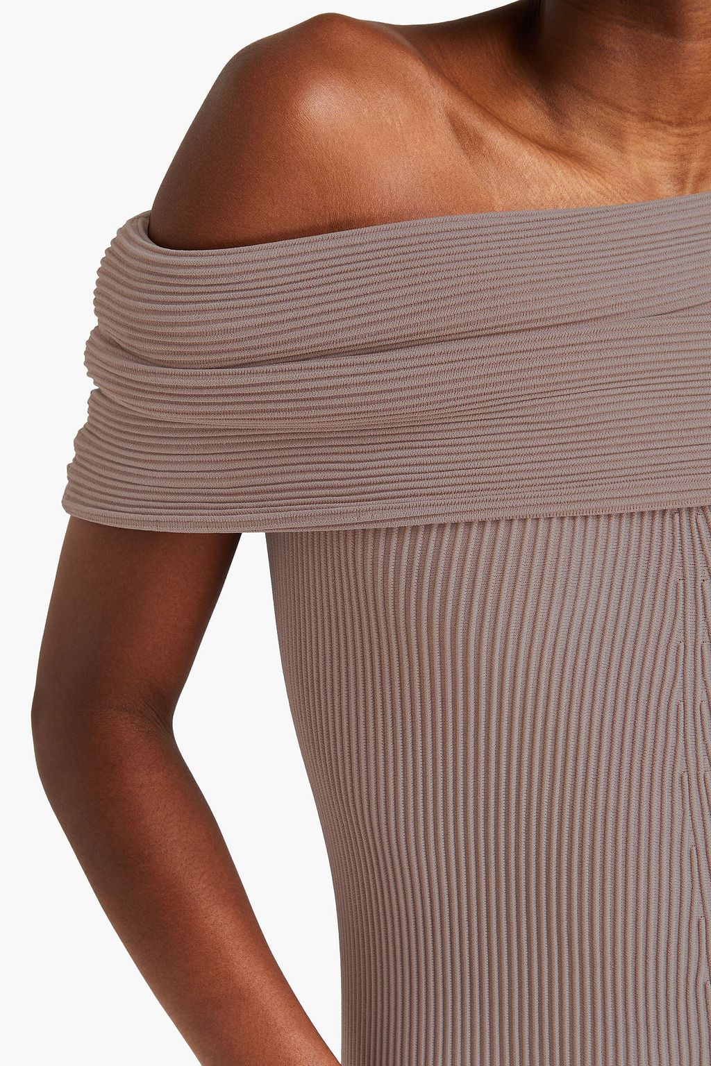 E.L.V. DENIM X THE OUTNET فستان “ذي باردوت” متوسط الطول مصنوع من نسيج بحبكة مضلّعة وبتصميم مكشوف الكتفين