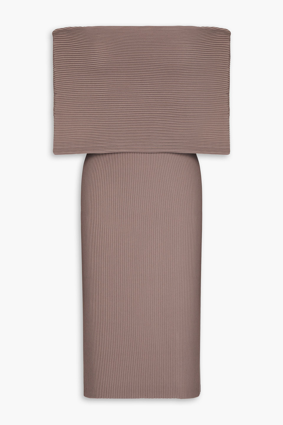 E.l.v. Denim X The Outnet The Bardot Off-the-shoulder Ribbed-knit Midi Dress In Taupe