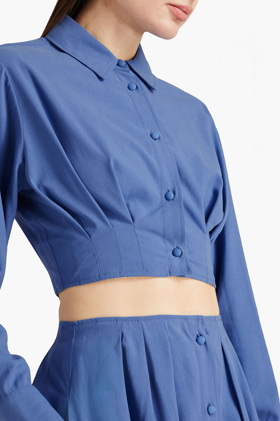 Shop E.l.v. Denim X The Outnet The Cropped Pleated Lyocell-blend Twill Shirt In Blue