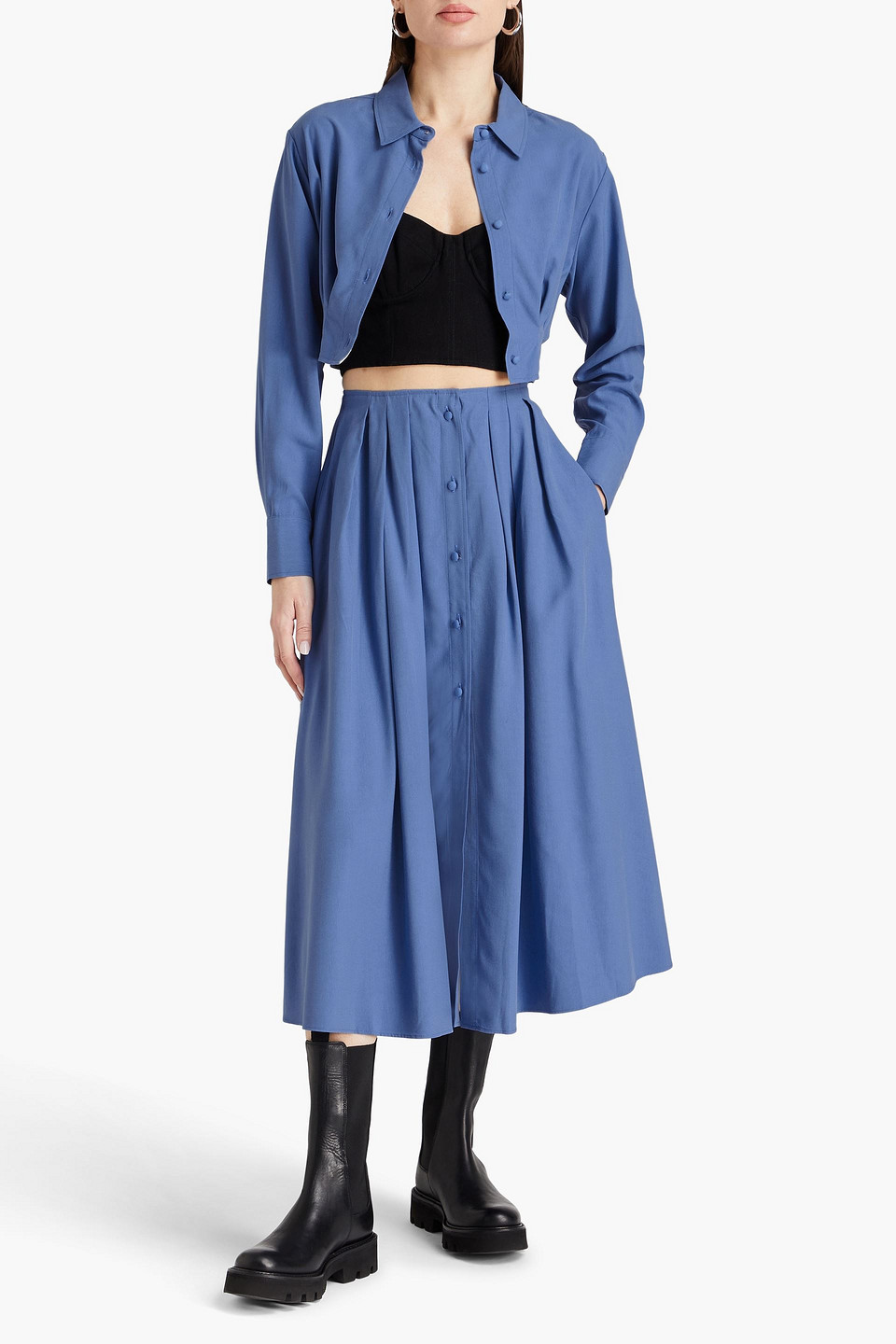 Shop E.l.v. Denim X The Outnet The Cropped Pleated Lyocell-blend Twill Shirt In Blue