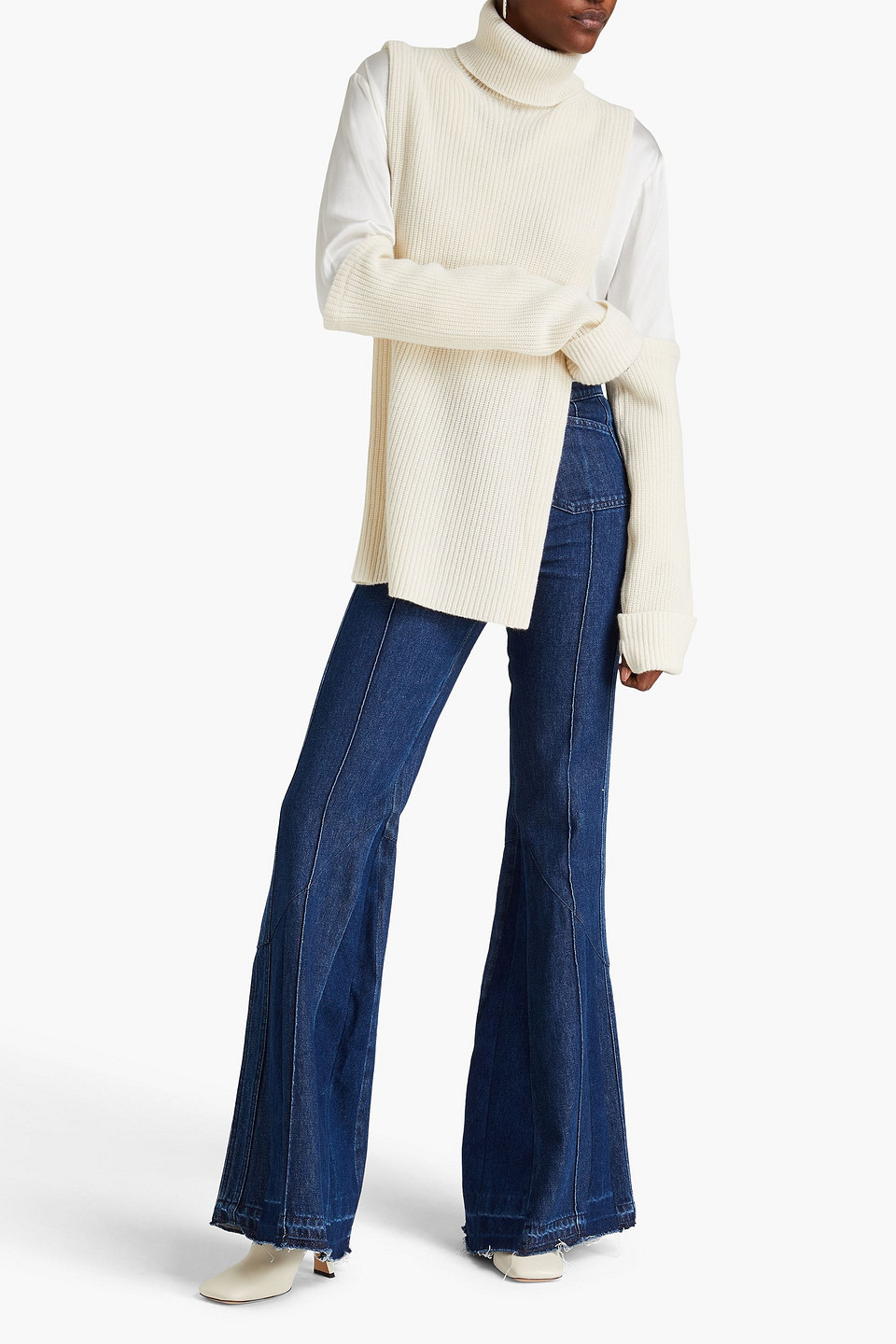 Shop E.l.v. Denim X The Outnet The Chunky Ribbed Cashmere Turtleneck Bib And Gloves Set In Ivory