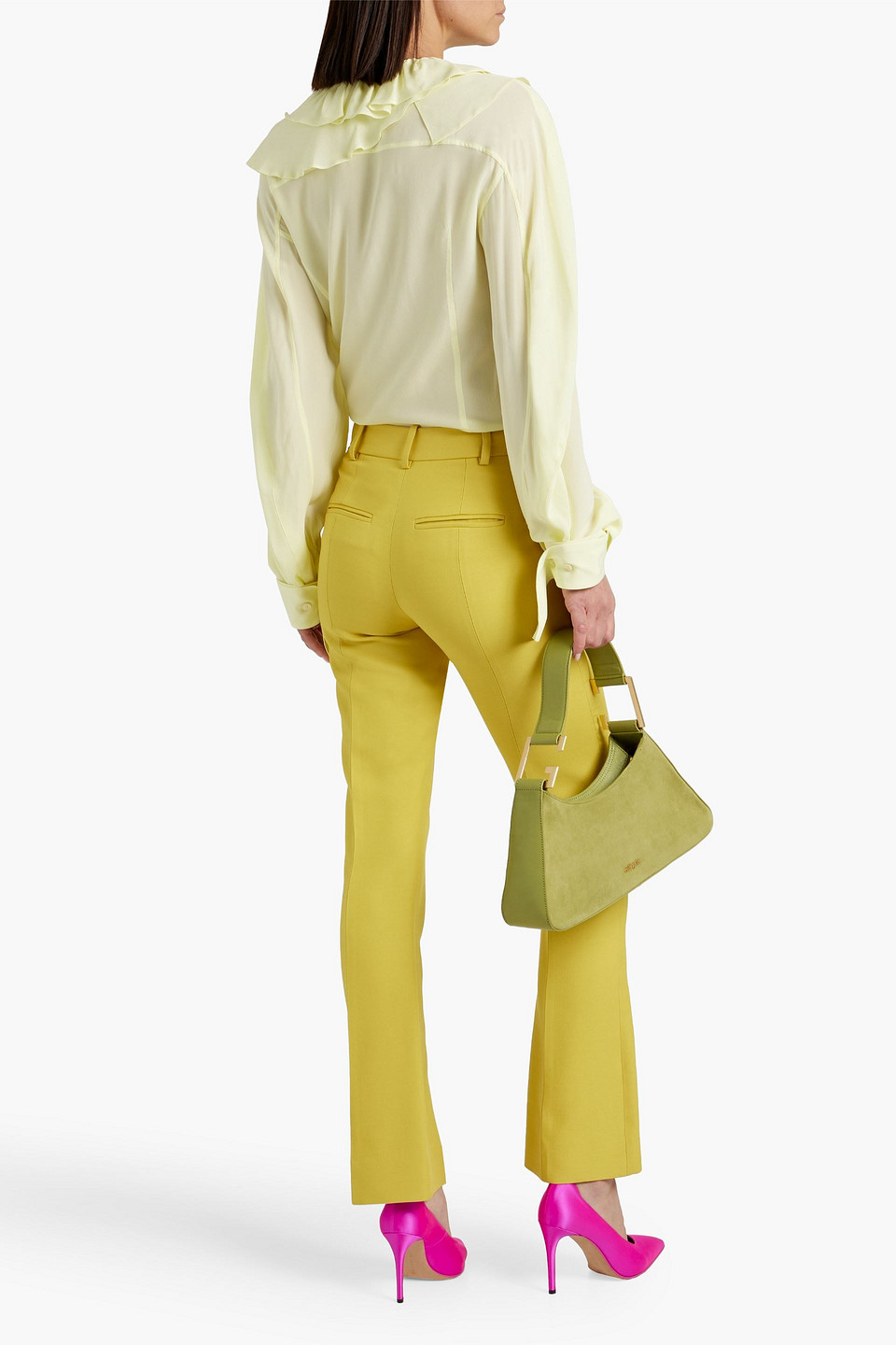 Shop Victoria Beckham Ruffled Cutout Silk-crepe Blouse In Pastel Yellow