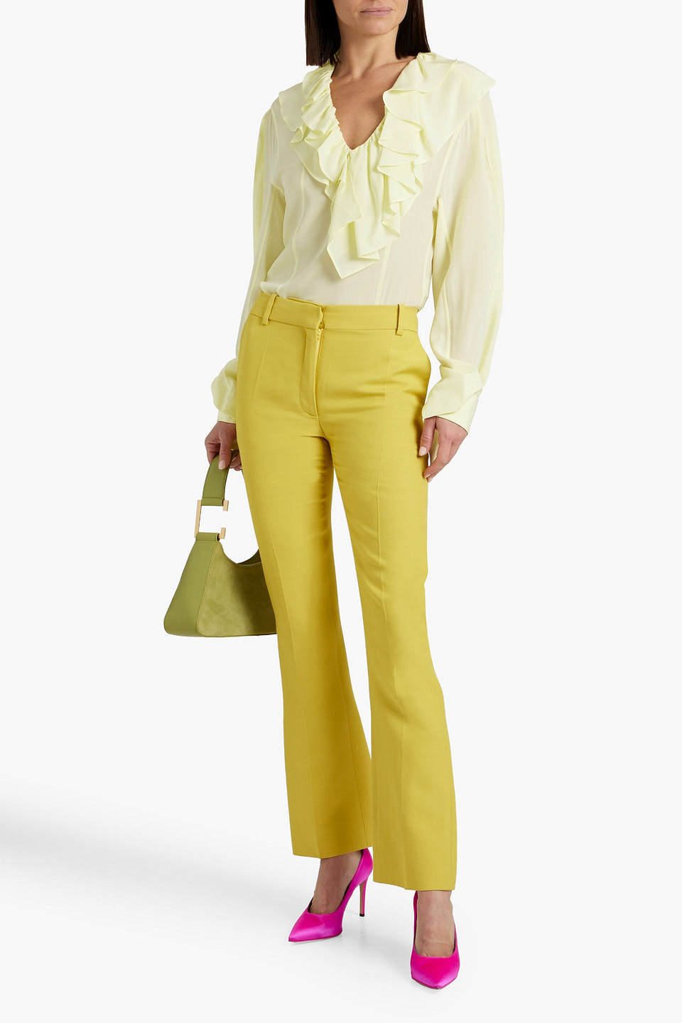 Shop Victoria Beckham Ruffled Cutout Silk-crepe Blouse In Pastel Yellow