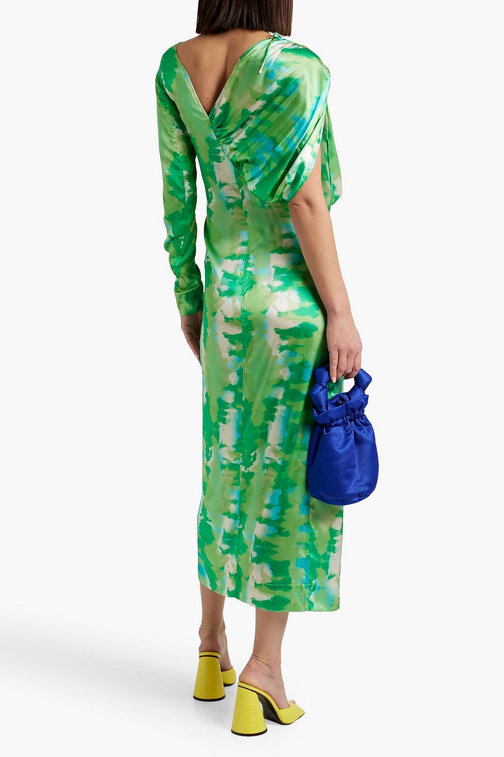 GANNI Asymmetric tie-dyed stretch-silk satin midi dress