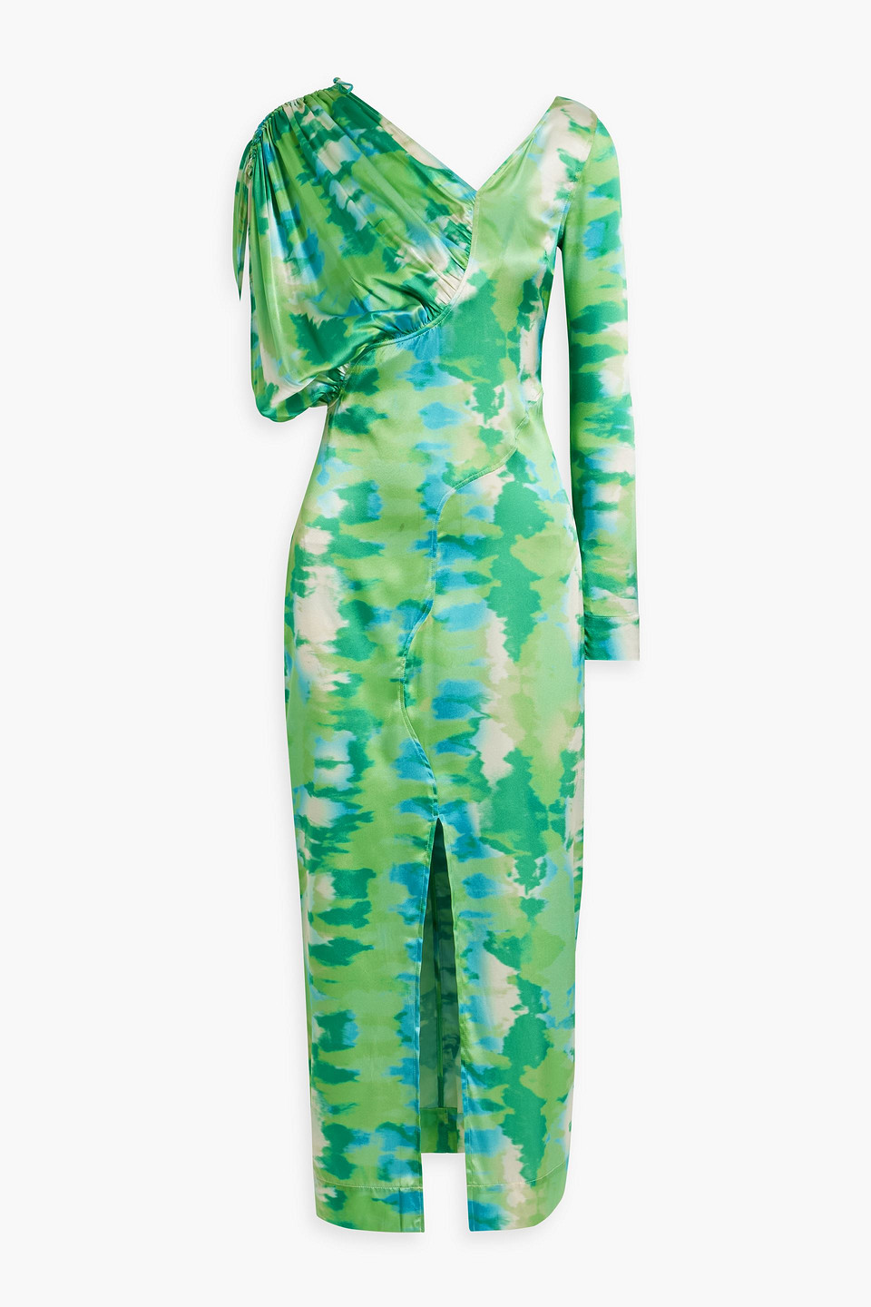 Shop Ganni Asymmetric Tie-dyed Stretch-silk Satin Midi Dress In Green