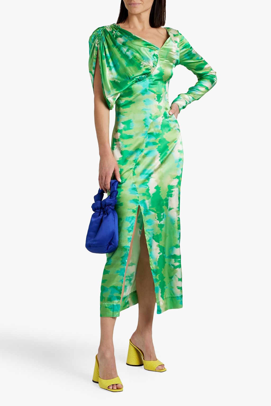 GANNI Asymmetric tie-dyed stretch-silk satin midi dress