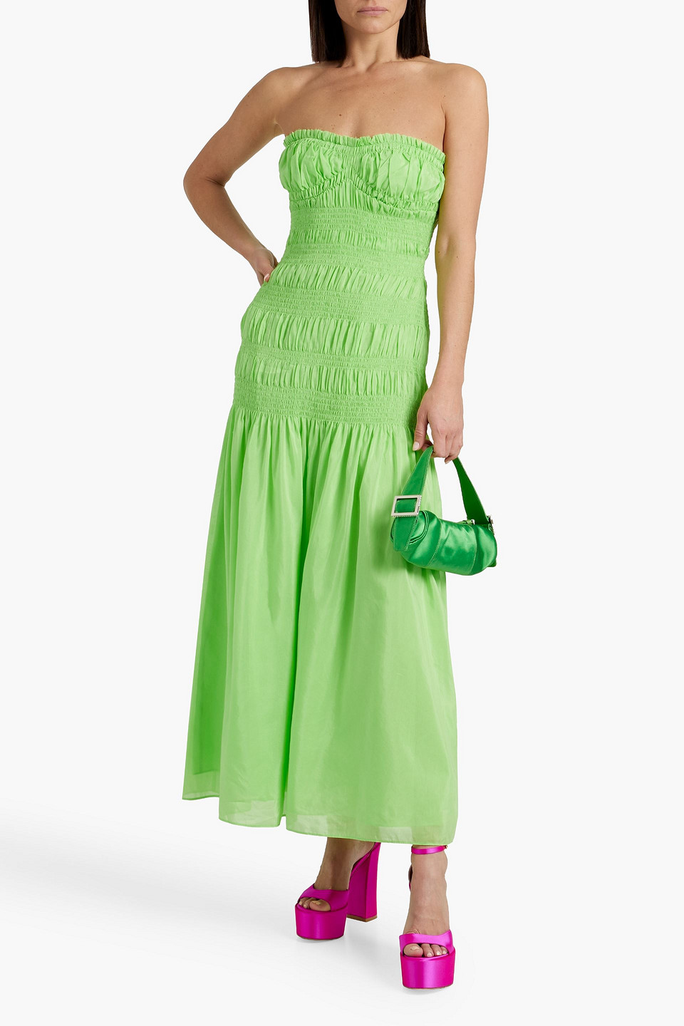 Shop Nicholas Kalli Strapless Shirred Cotton And Silk-blend Maxi Dress In Bright Green