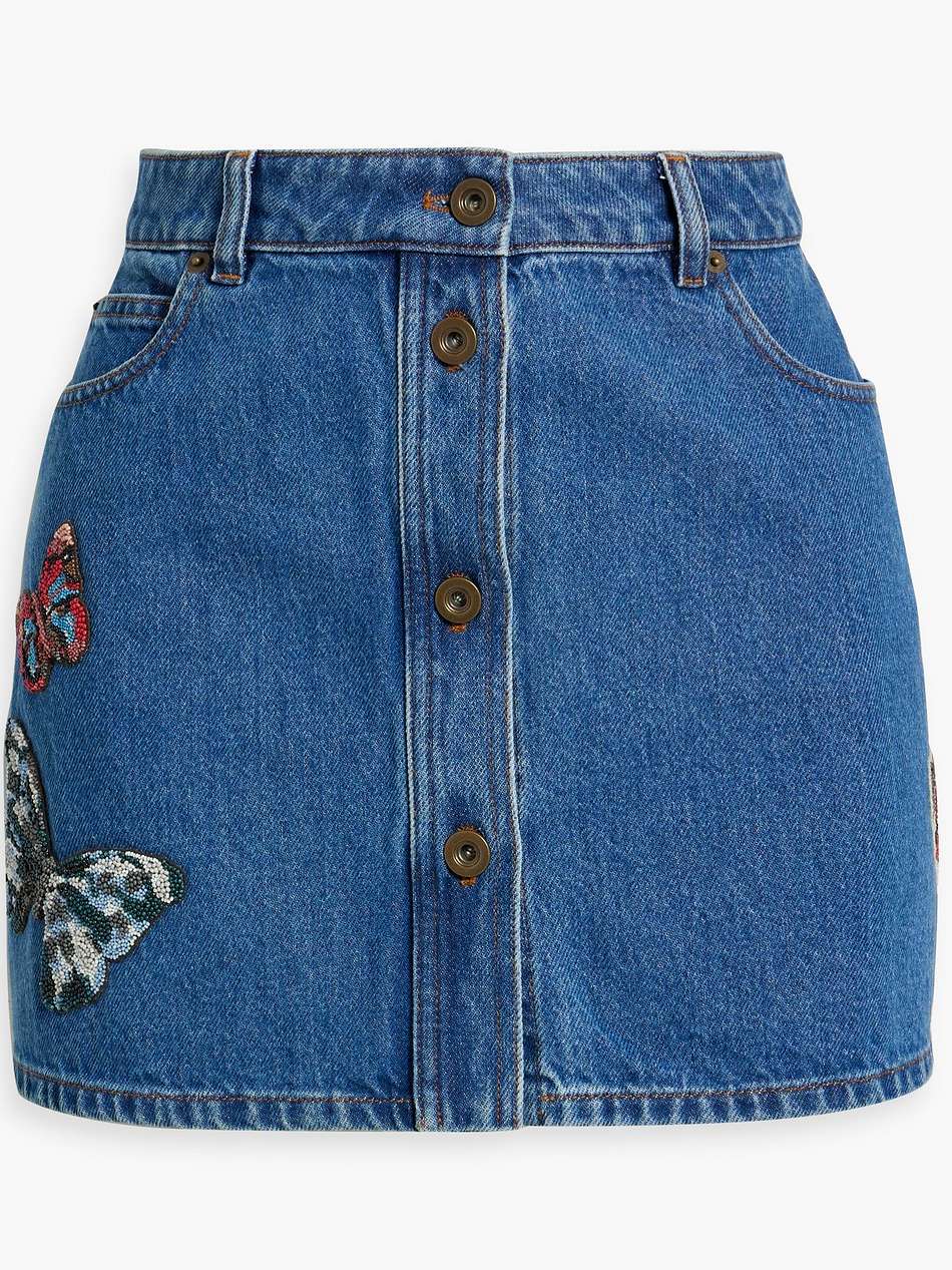 bead-embellished denim mini skirt