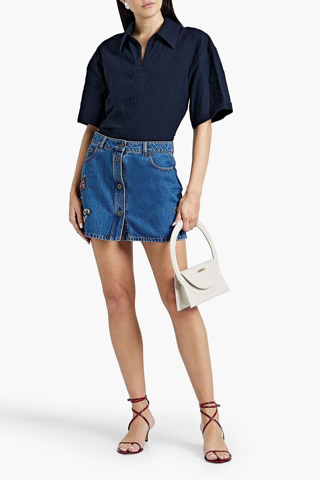 VALENTINO GARAVANI Bead-embellished denim mini skirt