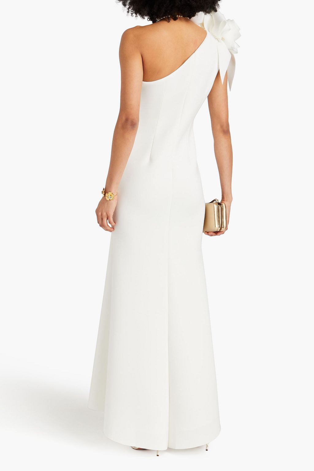 BADGLEY MISCHKA One-shoulder floral-appliquéd scuba gown