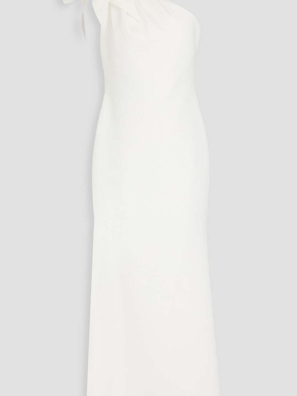 one-shoulder floral-appliquéd scuba gown