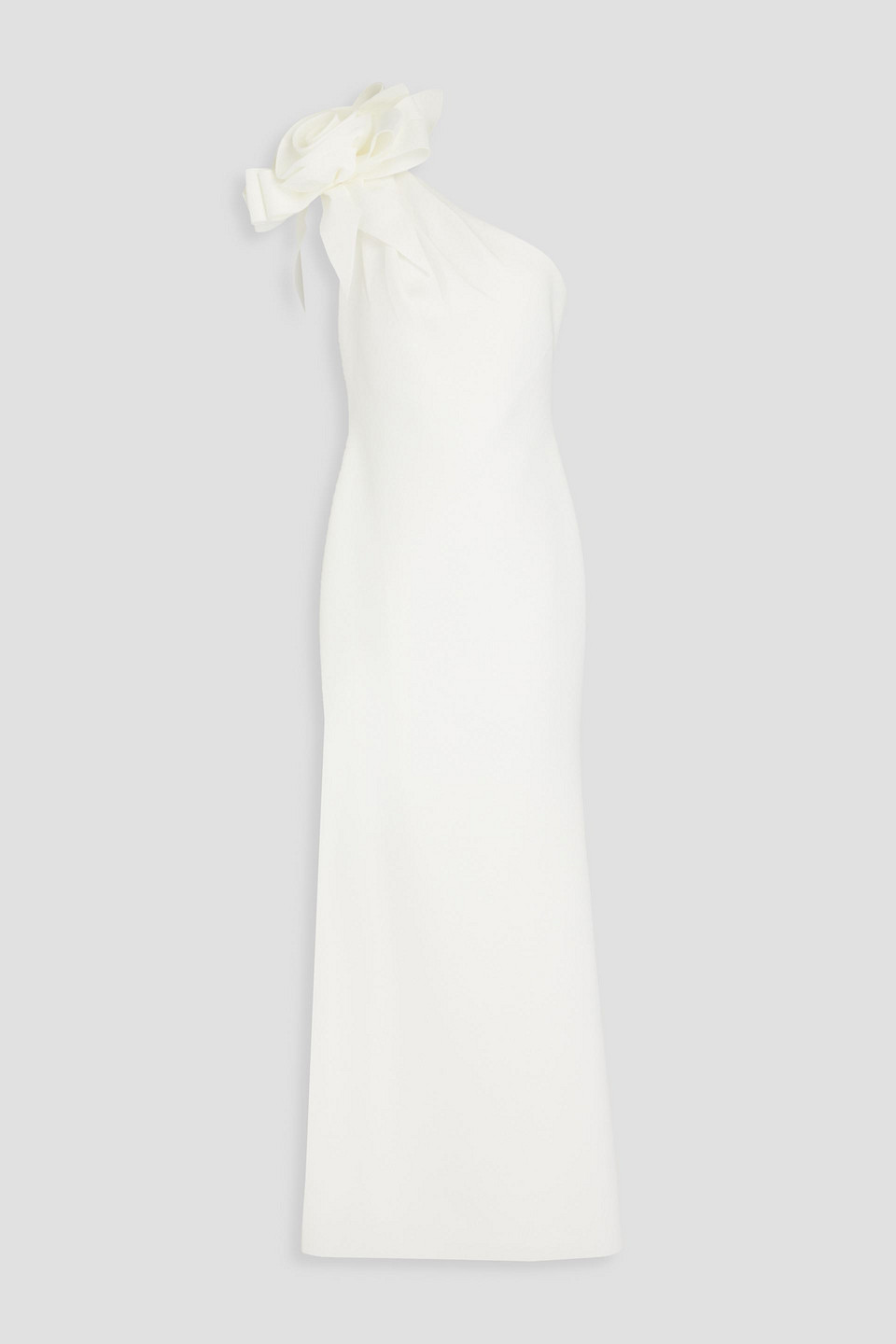 Badgley Mischka One-shoulder Floral-appliquéd Scuba Gown In Ivory