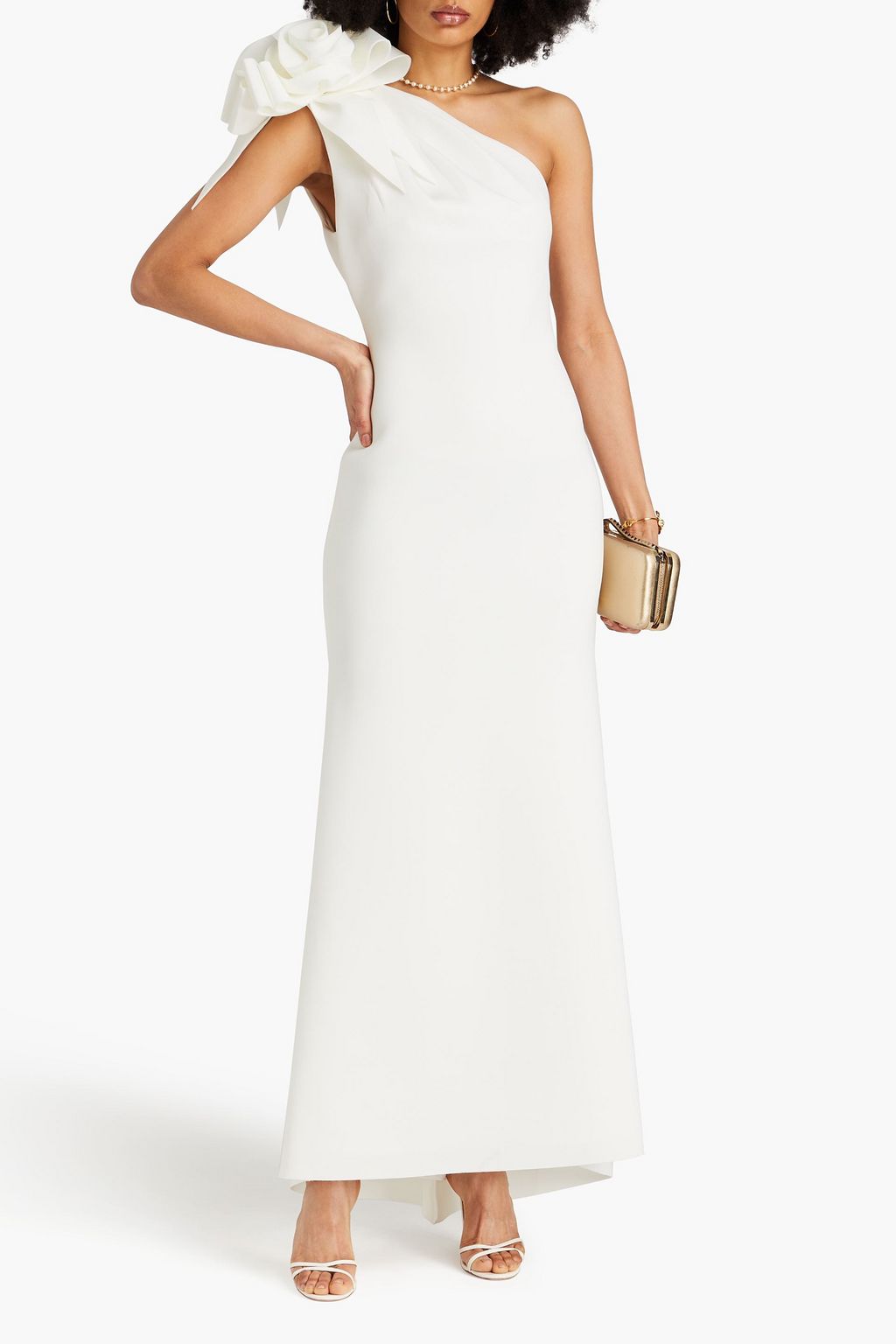 BADGLEY MISCHKA One-shoulder floral-appliquéd scuba gown