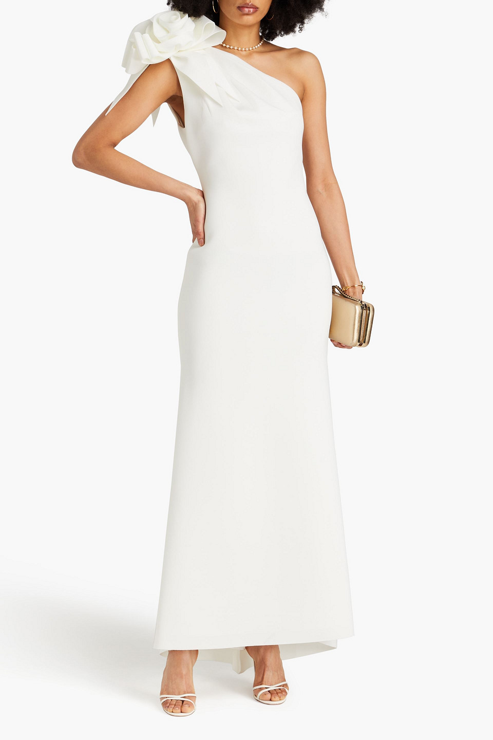 Badgley Mischka One-shoulder Floral-appliquéd Scuba Gown In Ivory