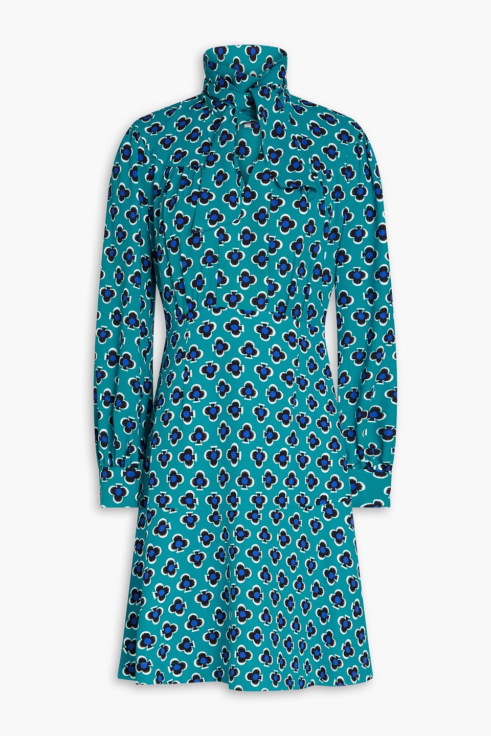 Diane Von Furstenberg Alcina Pussy-bow Printed Crepe Mini Dress In Teal