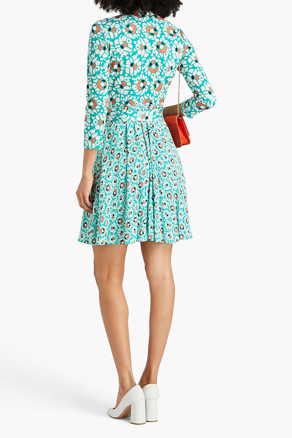 Shop Diane Von Furstenberg Irina Printed Silk-jersey And Crepe Mini Wrap Dress In Turquoise