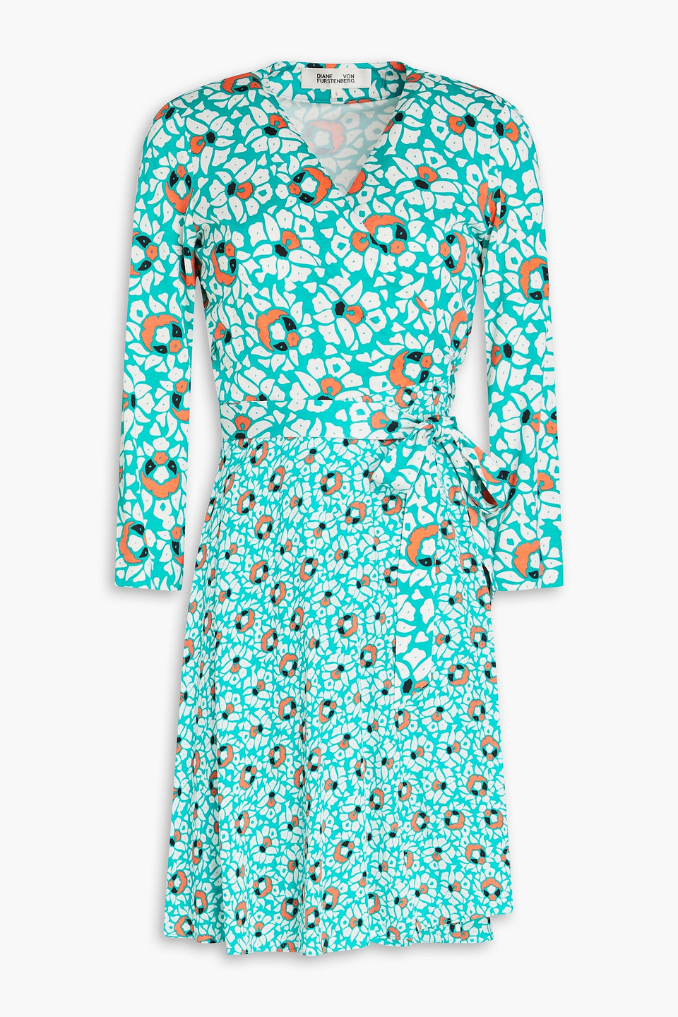 Diane Von Furstenberg Irina Printed Silk-jersey And Crepe Mini Wrap Dress In Turquoise