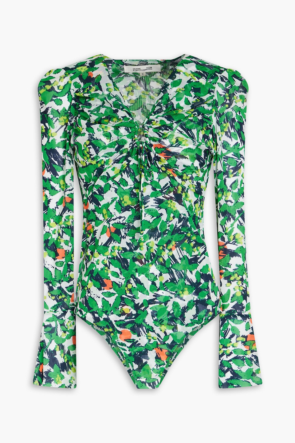 Diane Von Furstenberg Lyric Printed Stretch-mesh Bodysuit In Green