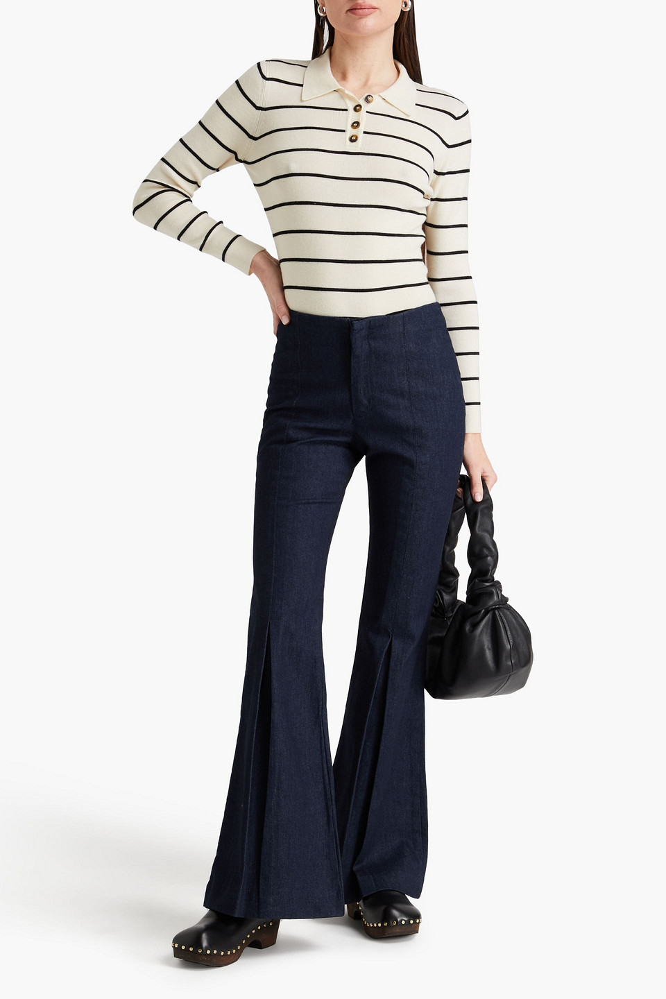 FRAME PLEATED HIGH-RISE FLARED JEANS 