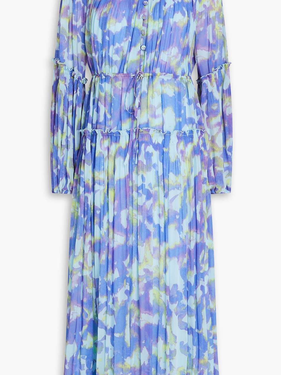 link tiered printed plissé-chiffon midi dress