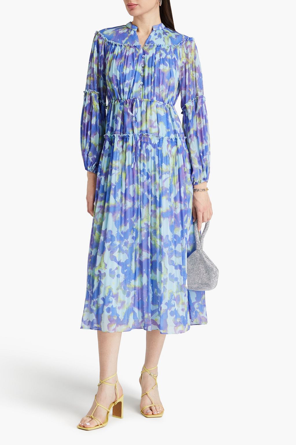 DIANE VON FURSTENBERG 프린트 플리세 시폰 티어드 미디 드레스