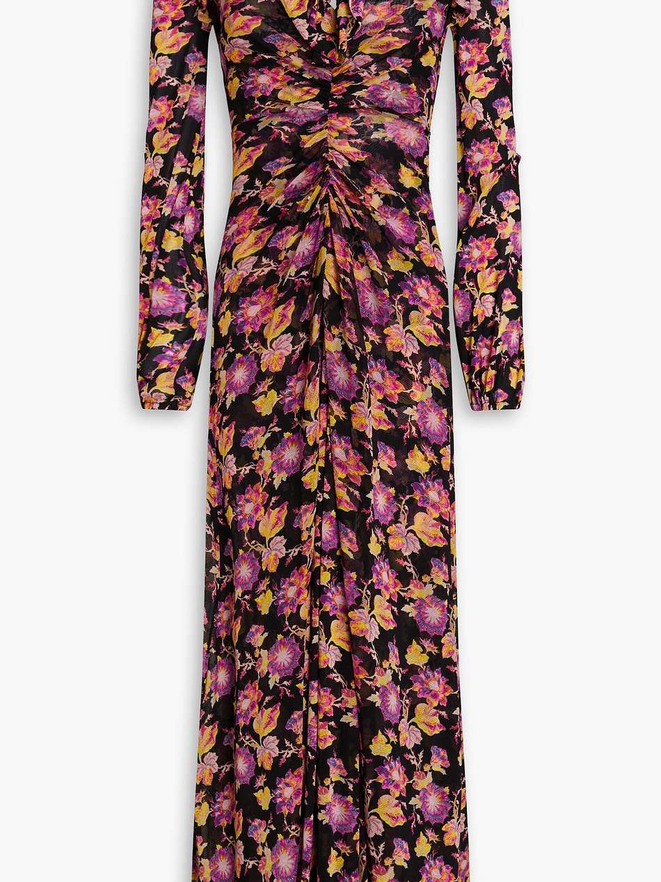 sean ruffled floral-print stretch-mesh maxi dress